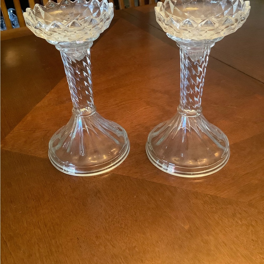 Vintage Pressed Glass Candlesticks with Bobeches Faceted Stem Set of 2 – 6.5”